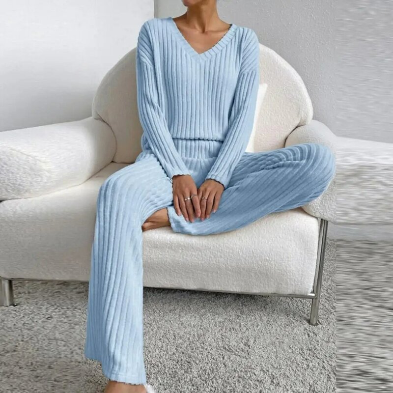 Conjunto de pijama solto de malha para mulheres, suéter monocromático, roupa casual larga de perna, cintura elástica, gola V, 2 unid, outono e inverno