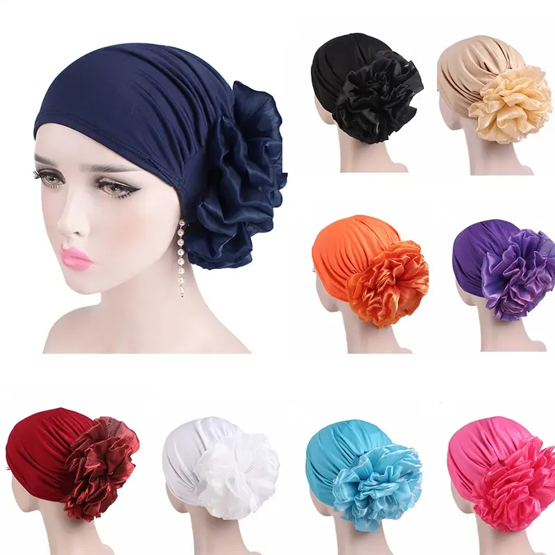 Women's Big Flower Hijab Hats Solid Color Flower Hijab Hats Stretch Cloth Pullover Hats Women's Hijab Accessories Muslim Hats