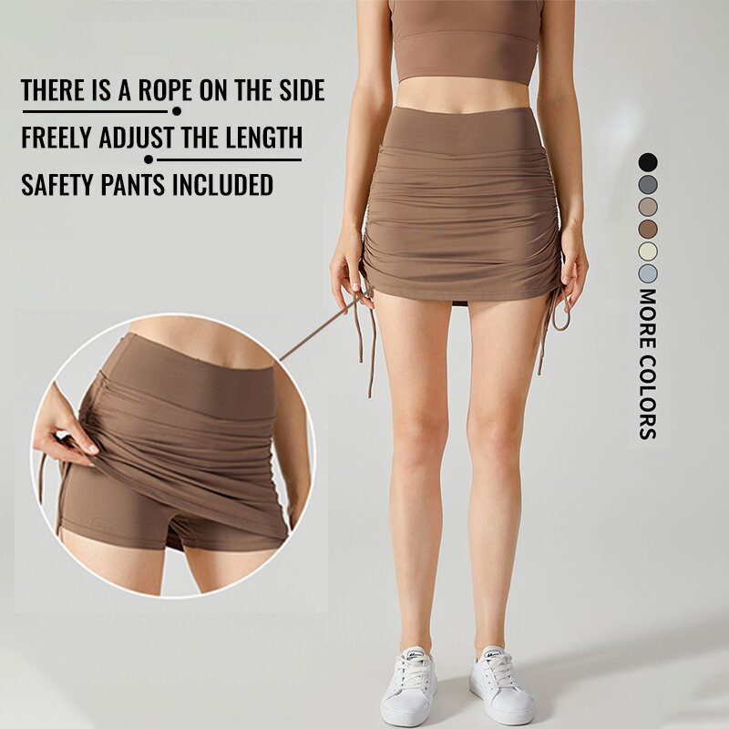Calças de Yoga Lulu-Fake de duas peças para mulheres, saia fitness, estiramento exterior calças de ioga, cintura alta, cinta hip, calças esportivas apertadas