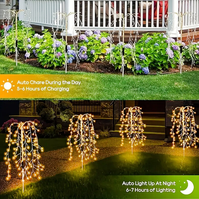 String Light For Outdoor 200 LED Solar Powered Willow Trees Lights 120LED Decorative Lights 8 Lighting Modes Garden Terrace Path