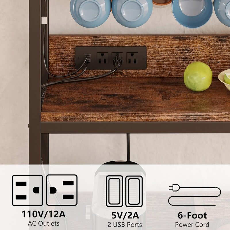 Ironck ตู้เต้าเสียบสายไฟบาร์กาแฟ, ตู้บุฟเฟต์อุตสาหกรรมพร้อมที่วางแถบไฟ LED และแก้วตู้เหล้า3ชั้น