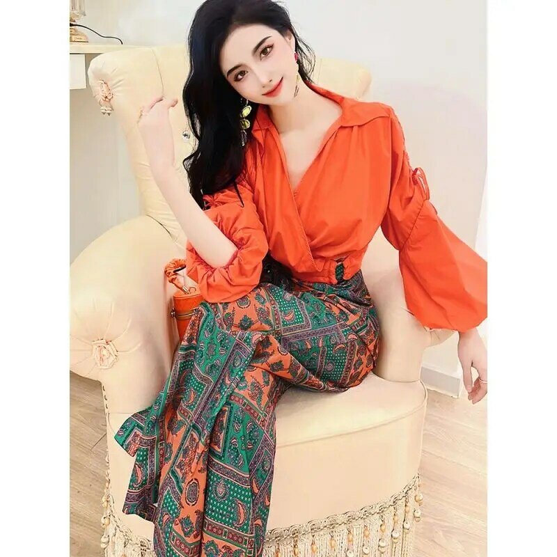High-end Fashion Holiday Suit 2023 Spring New Women's Puff Sleeve Top High Waist Wide Leg Pants Explosive Trend