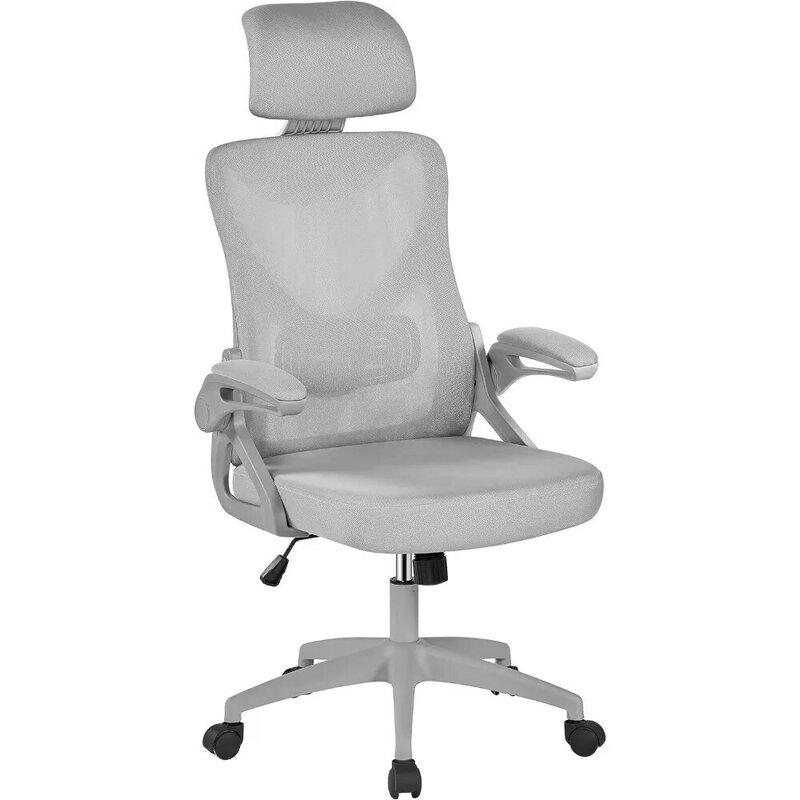 Cadeira ergonômica de escritório, cadeira encosto alto com braços flip-up, encosto de cabeça acolchoado ajustável, com apoio lombar
