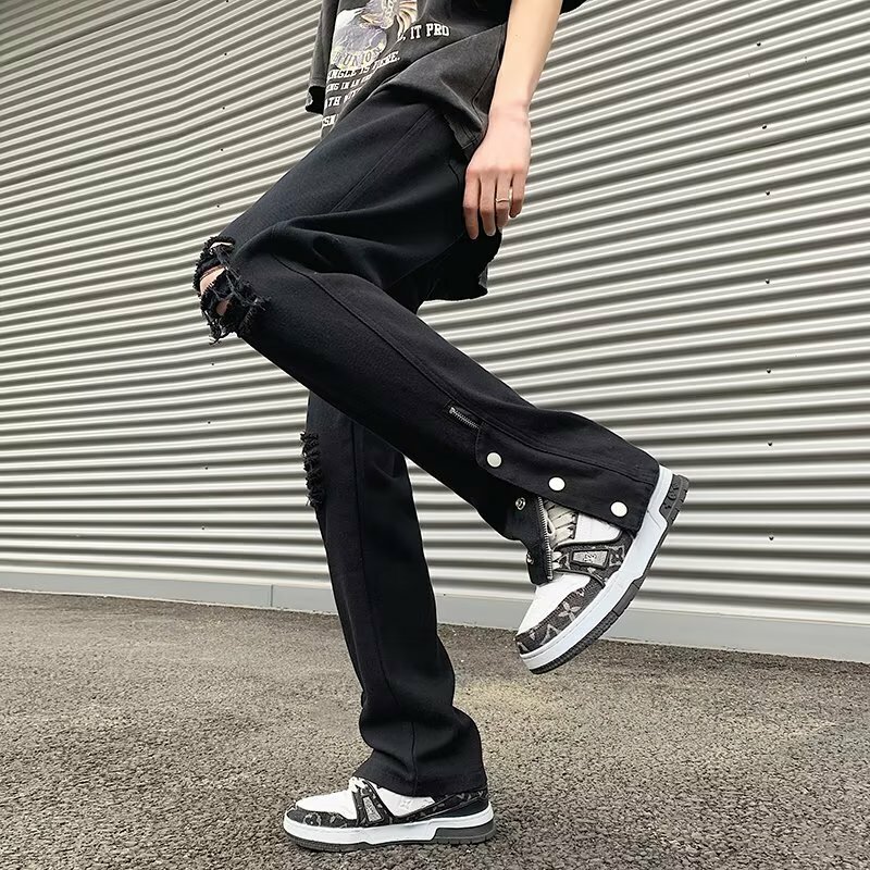 Spring New Y2K Techwear Mens Hole Denim Trousers Fashion Ripped Black Jeans Hip Hop Vintage Jean Man Zip Up Casual Jean Homme 바지