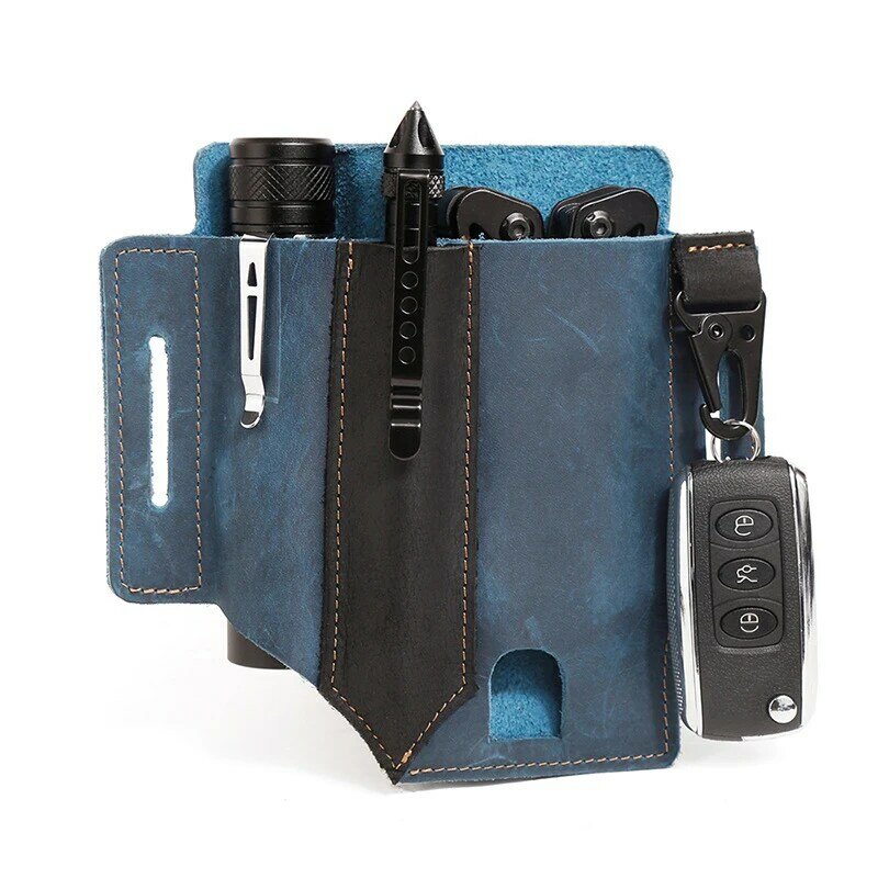 Multitool Leather Sheath Storage Belt Waist Bag EDC Pocket Organizer with Key Holder for Belt Tools Pouch for Camping