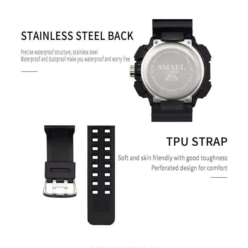 Smael Luxus Original Sport Armbanduhr für Männer Quarz wasserdicht Militär Dual Display Mode männliche Digitaluhren Alarm