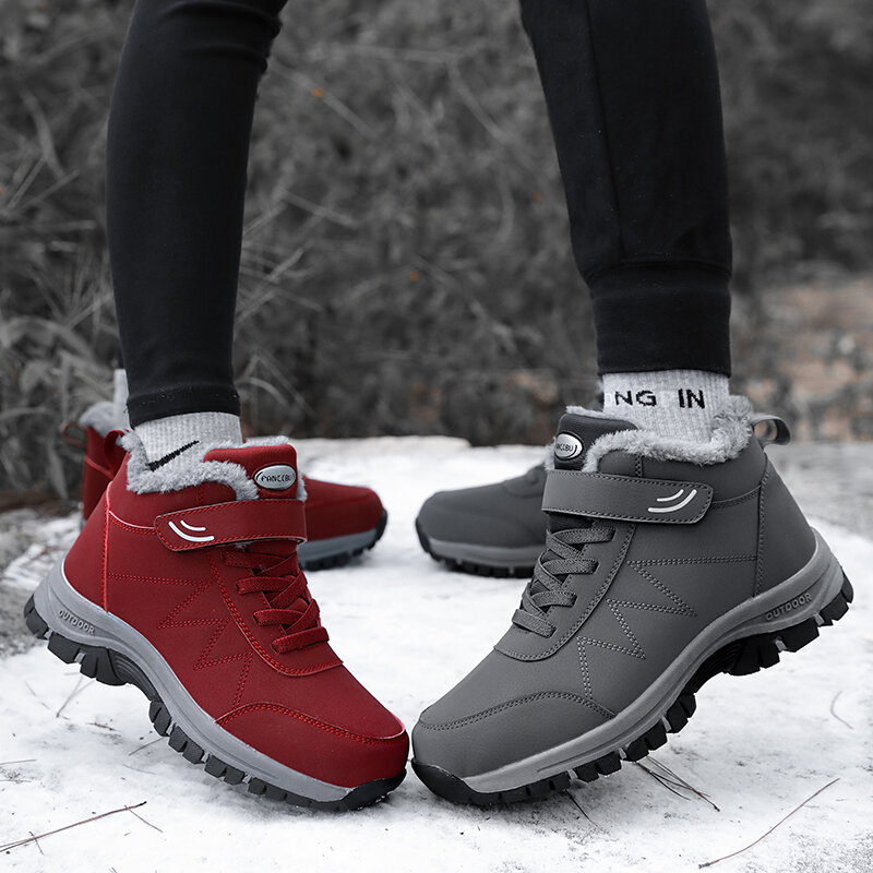2023 Winter Women Men Boots Plush Pu Leather Waterproof Sneakers Climbing Hunting Shoes Unisex Lace-up Outdoor Warm Hiking Boot