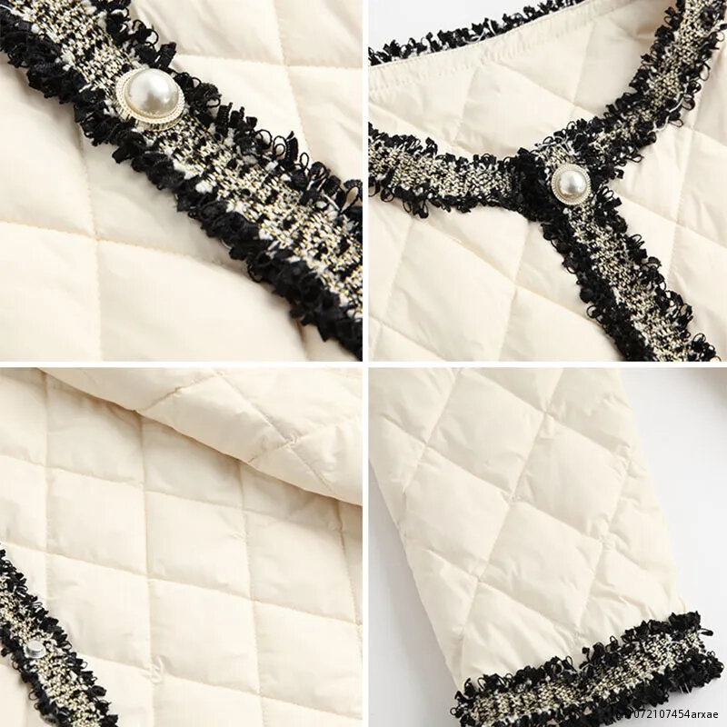 Casaco de algodão ultraleve feminino, elegante de comprimento médio, parkas quentes, borlas, botão de pérolas emendadas, jaqueta de alta qualidade, outono e inverno