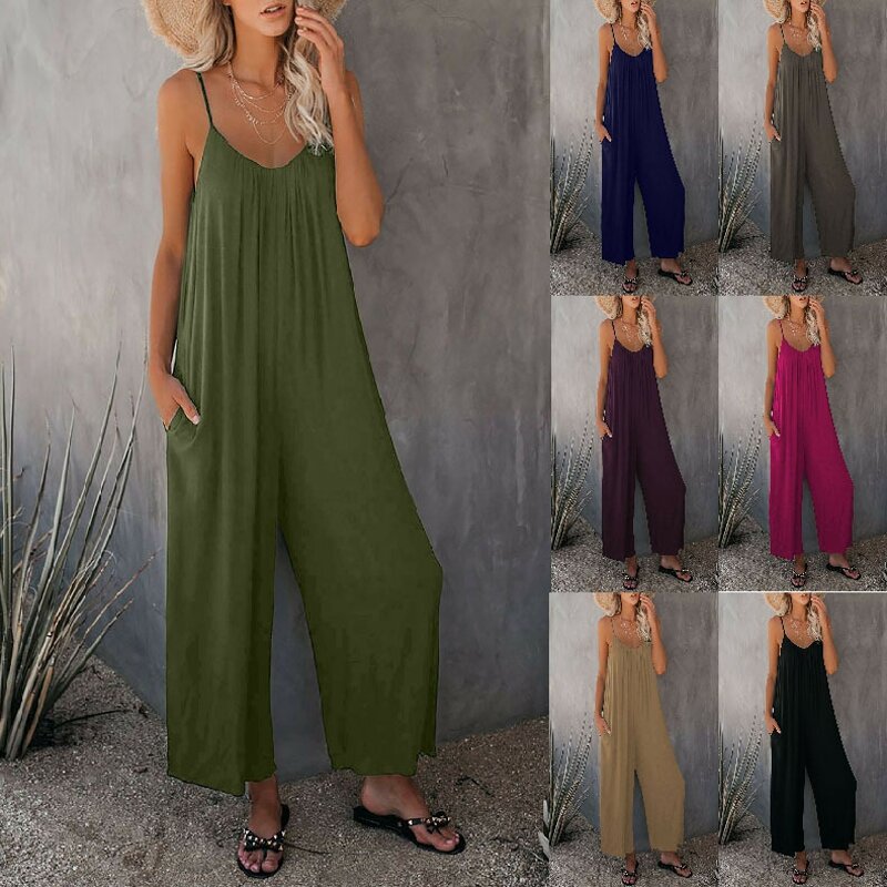 Summer New Women's Trousers Cross-border Solid Color Pocket Loose Casual Suspender Jumpsuit