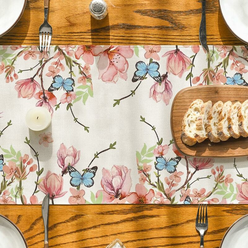 Camino de mesa de Primavera de flores, pájaro, mariposa, decoración de mesa de comedor de cocina de temporada para decoración de fiesta en el hogar