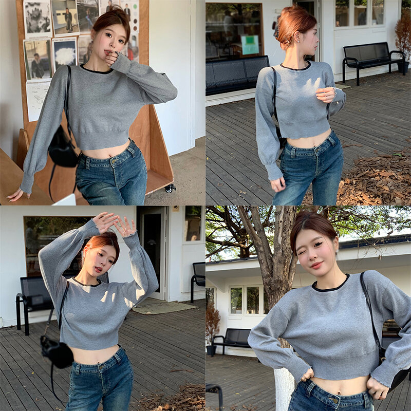 Women's Fashion Versatile Short Sweater Top Autumn Winter Contrast Color Knitted Long Sleeves O Neck Knitted Top