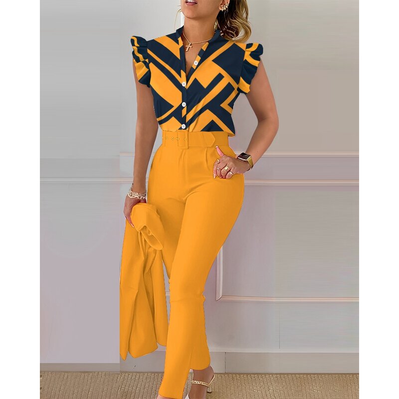 Women Casual Tropical Print Flutter Sleeve Top & Pants Set With Belt Female Two Piece Suit Sets Outfits Set Summer Workwear