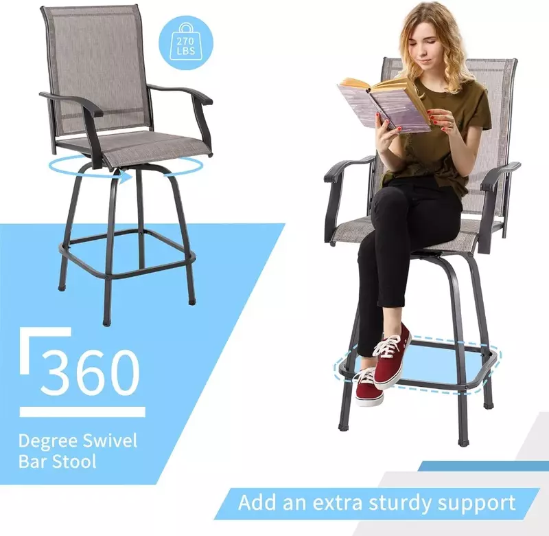 Tabouret haut en tissu textile tous temps, ensemble de bistrot extérieur, 2 chaises de bar, table en verre, 3 pièces