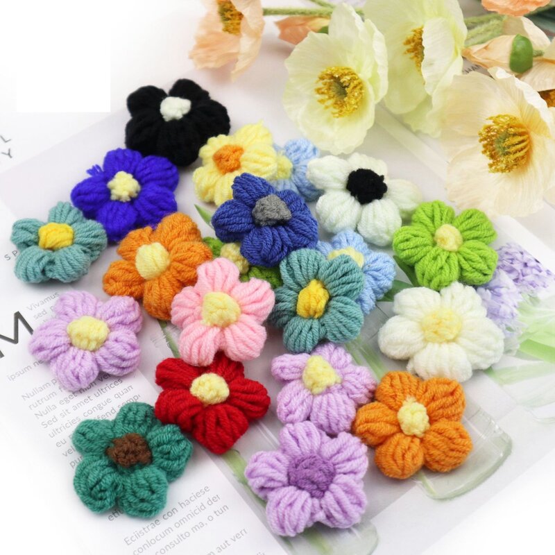 Flores puff simples y dulces de lana para niña, 15 piezas, 4cm, horquilla, ramillete, corazón, accesorios, venta al por mayor
