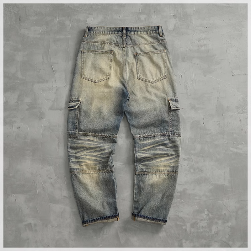 Spring new loose splicing high-quality jeans men's wide leg tooling drag straight trousers