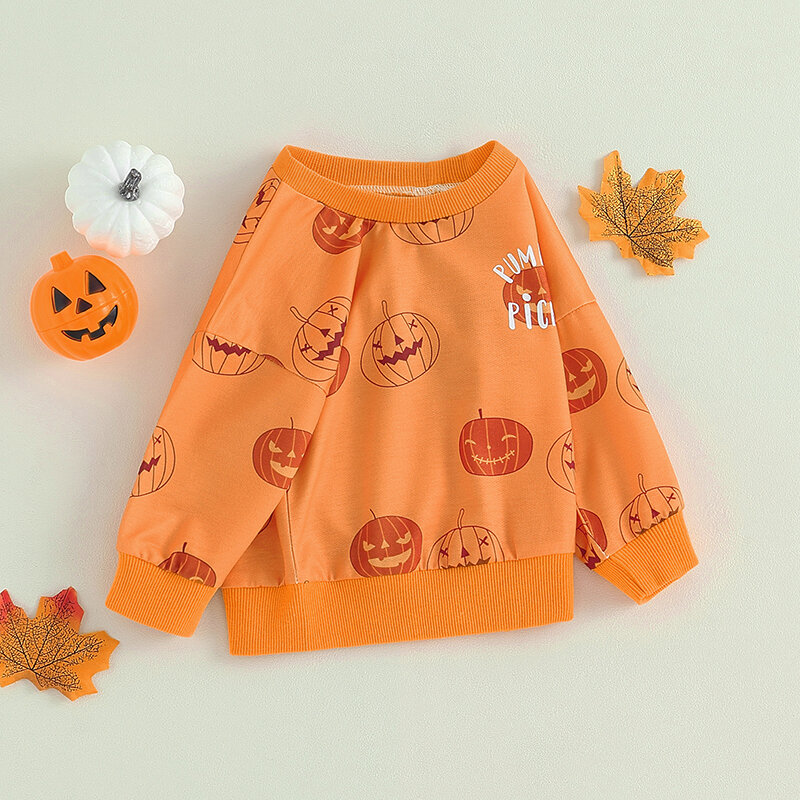 Sweter lengan panjang Halloween bayi balita, atasan leher kru motif labu huruf lengan panjang oranye untuk bayi balita laki-laki dan perempuan