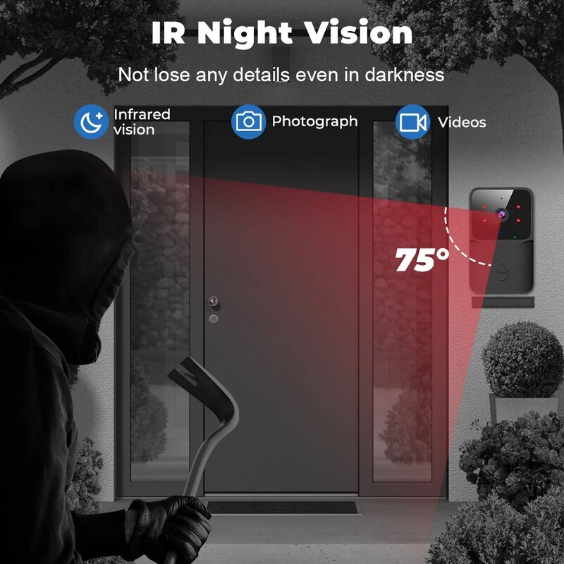 Bel pintu Wifi cerdas, kamera definisi tinggi luar ruangan, bel pintu anti-maling dengan penglihatan malam, Monitor rumah, suara ponsel pintu