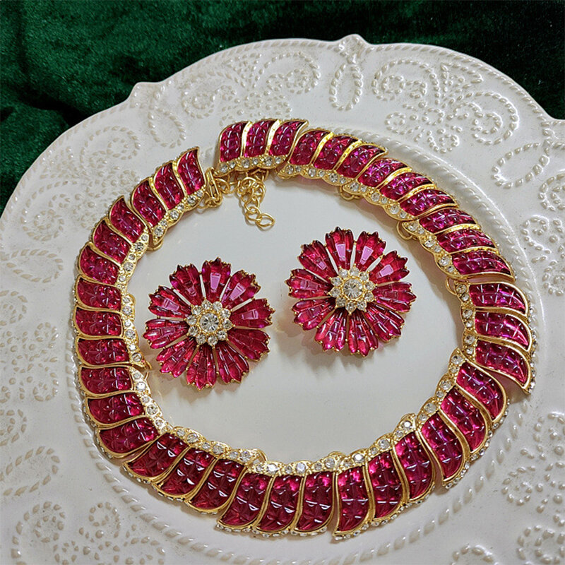 Vintage Temperament Blume Brosche Ring Glas Halsketten für Frauen Mädchen Party Geschenk Schmuck Großhandel