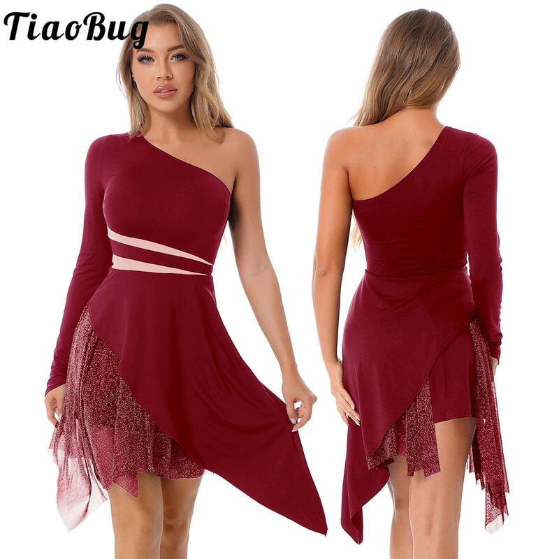 Tiaobug-女性のための長袖ドレス,非対称の裾,柔らかいパッチワークのダンスドレス,パフォーマンスのためのエレガント