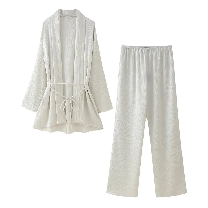 Пижама женская однотонная в винтажном стиле, шикарная рубашка с V-образным вырезом и длинным рукавом, свободные прямые брюки, комплект из 2 предметов, летний наряд