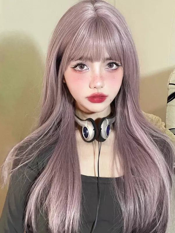 22Inch Pinky Light Purple Synthetic Wigs With Bang Long Natural Straight Hair Wig for Women Daily Cosplay Heat Resistant Lolita