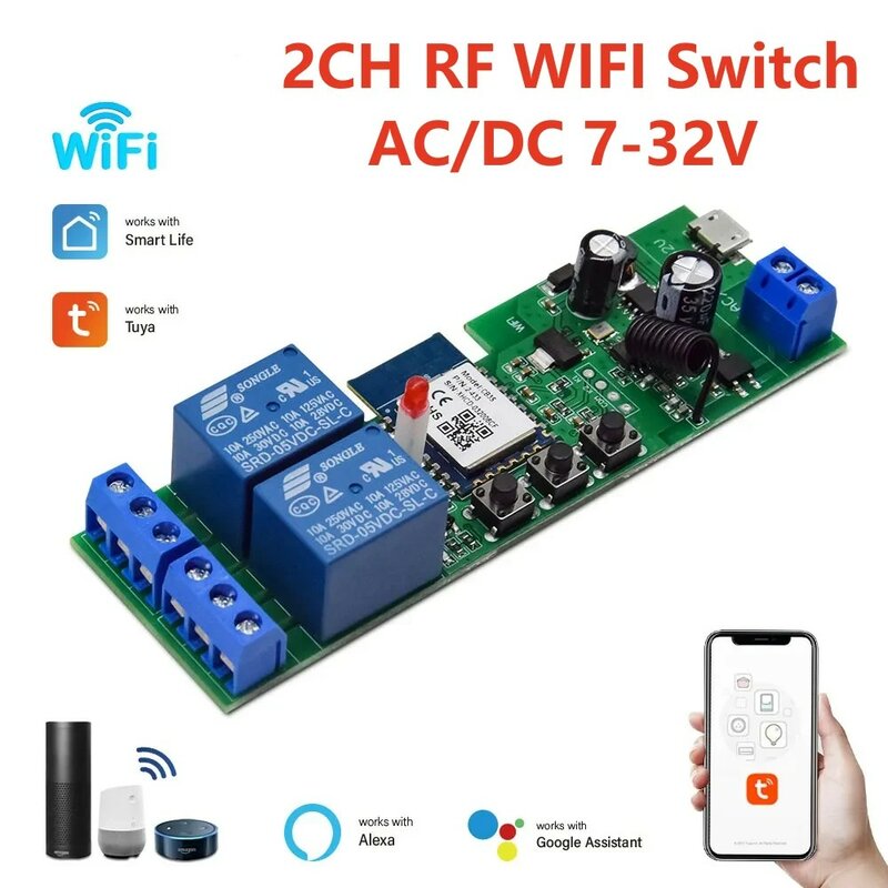 Tuya Smart Home 2CH Motor Wifi, saklar maju mundur DC 12V 24V 32V 2 saluran Relay modul, suara Alexa Remote Control