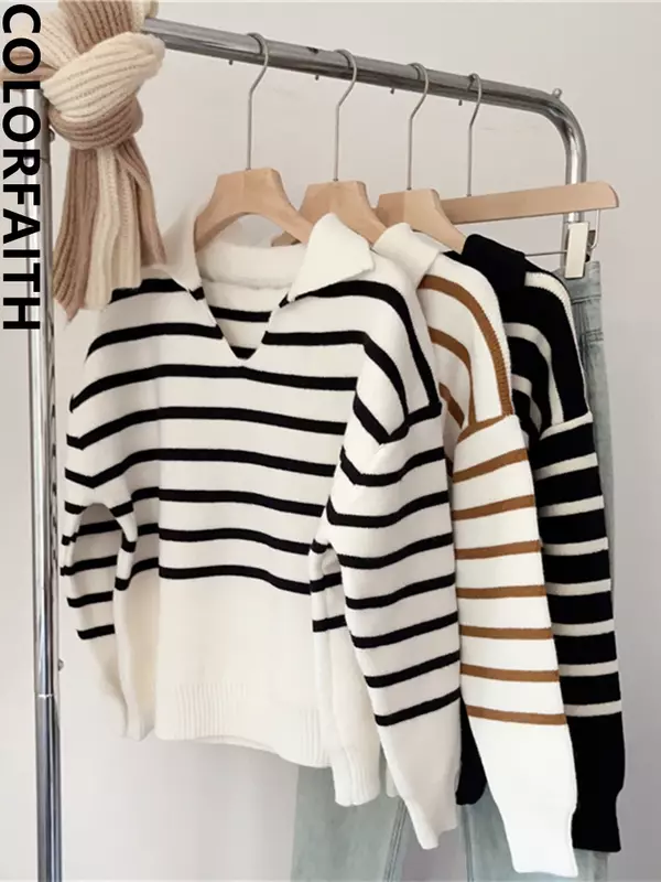NMZM New 2023 Elegant Women's Sweater Stripes Vintage Fashion Knitted Women's Autumn and Winter Top