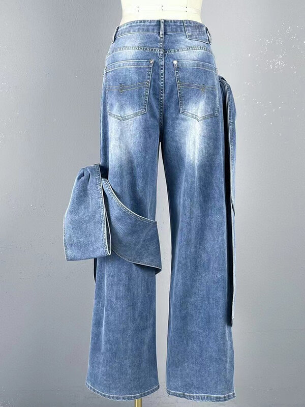 Designer vintage wash bow embellished high-waisted jeans 2024 summer women's new fashion luxury all-match wide-leg pants