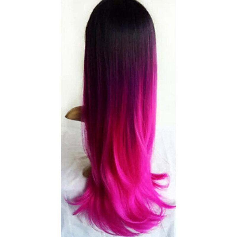 Parrucca donna Ombre 3 toni Bla/viola/rosa caldo 27 capelli lunghi lisci parrucca stile Vogue