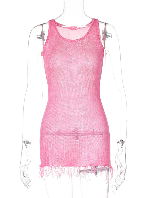 JULISSA MO Knit Sexy See Through nappa Women Dress Pink senza maniche girocollo Dress 2024 Summer Skinny Elegant Party Beachwear