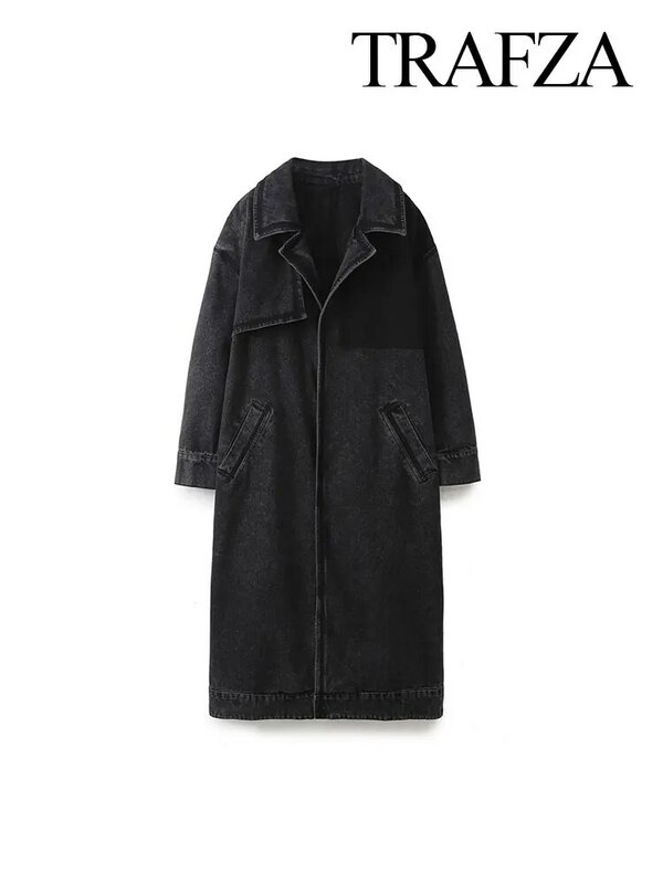 TRAFZA Spring Loose Street giacca a vento in Denim nero per donna 2024 maniche lunghe Vintage Patchwork Distressed risvolto moda cappotti