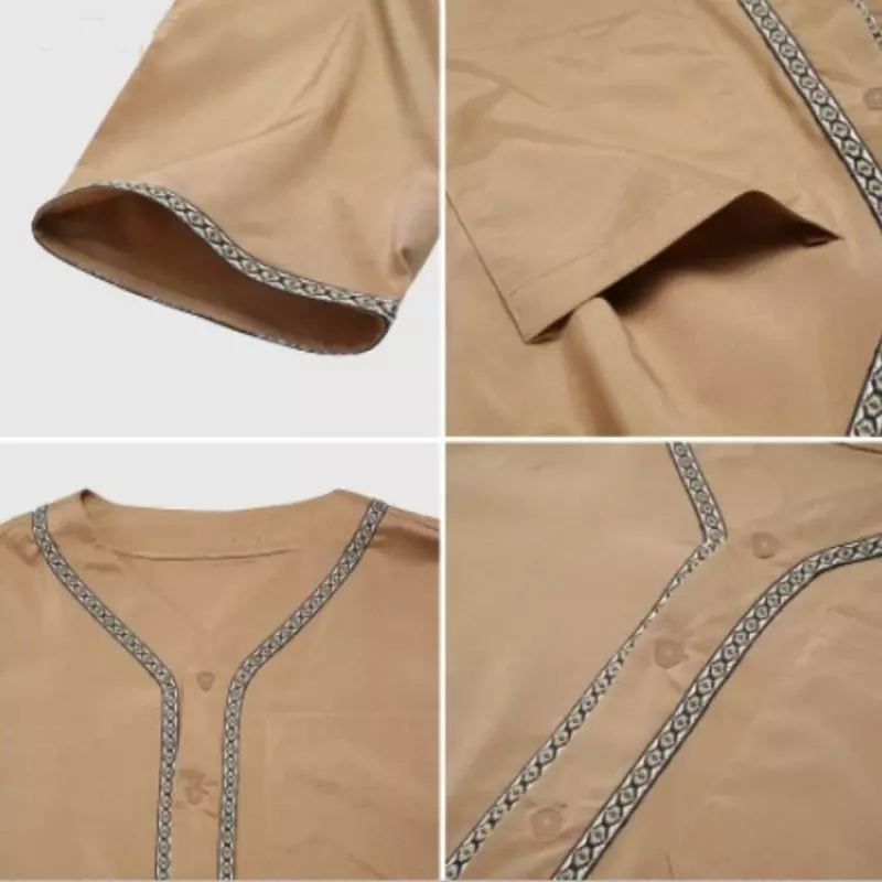 Solid Color V Neck Muslim Men Jubba Thobe Retro Button Kimono Half Sleeve Robe Saudi Musulman Shirt Islamic Arabic Kaftan Abaya