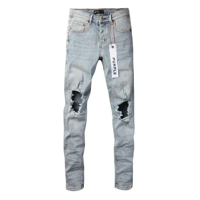 Jeans roxo de alta qualidade com furos no joelho, azul claro, slim fit, reparação de calças do tamanho 28-40, nova marca, moda, 2024