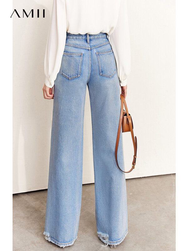 Amii minimalismo jeans feminino outono casual cintura alta 100% algodão calças de perna larga ins coreano em linha reta denim azul 12270354