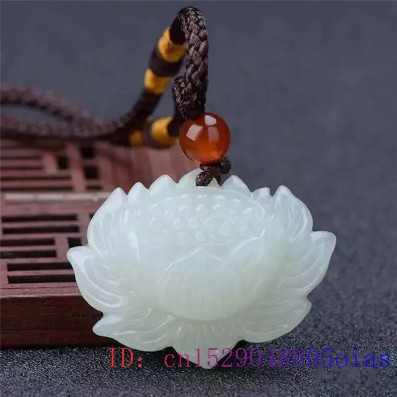 قلادة اللوتس اليشم الأبيض منحوتة دلاية الجاديت تميمة الصينية قلادة الموضة الطبيعية مجوهرات النساء الرجال الهدايا