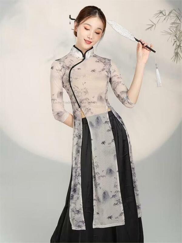 Tradycyjny chiński sukienka w stylu Qipao + zestaw spodni występ na scenie Vintage kostium taneczny ludowy kobiety kwiat nadruk siatka taniec Qipao