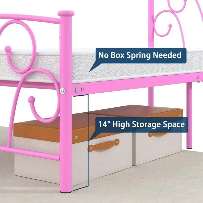 14" Heavy Duty Twin Metal Platform Bed Frame with Headboard for Girls Bedroom Furniture, Pink，Best Gift for Kids