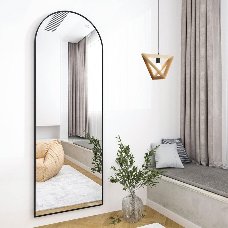 Arched Full Length Floor Mirror, pé livre, pendurado, montado, preto, comprimento de corpo inteiro, inclinando-se, 65 "x 22"