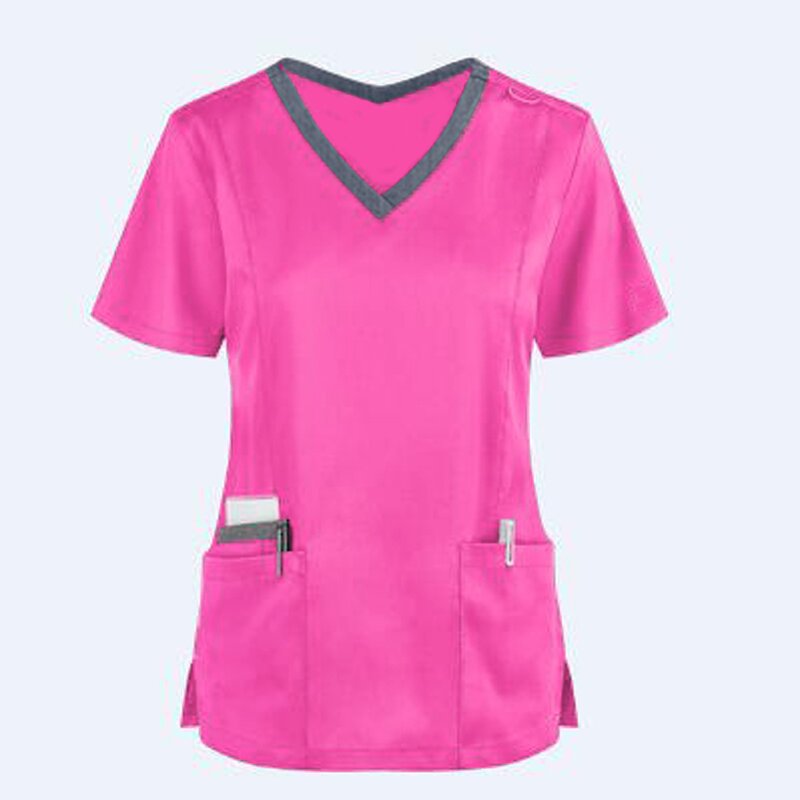 Blusa feminina Decote V Sala de Cirurgia, Top manga curta, Uniforme de bolso, Salão de beleza, Enfermeira Dentária, Cuidadores