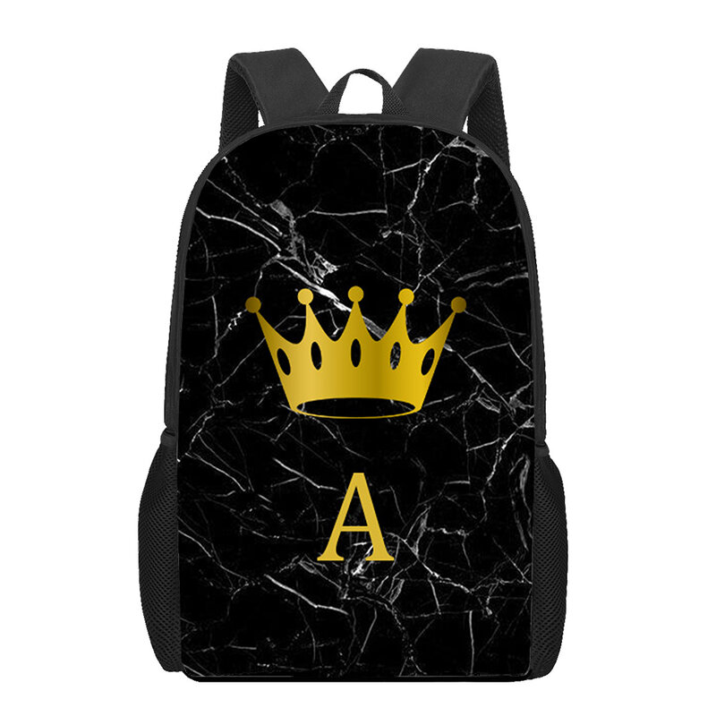 Sacs d'école en marbre alphabet pour garçons et filles, sac à dos imprimé lettre et couronne 3D, cartable étudiant avec poche en maille, 16 amarans