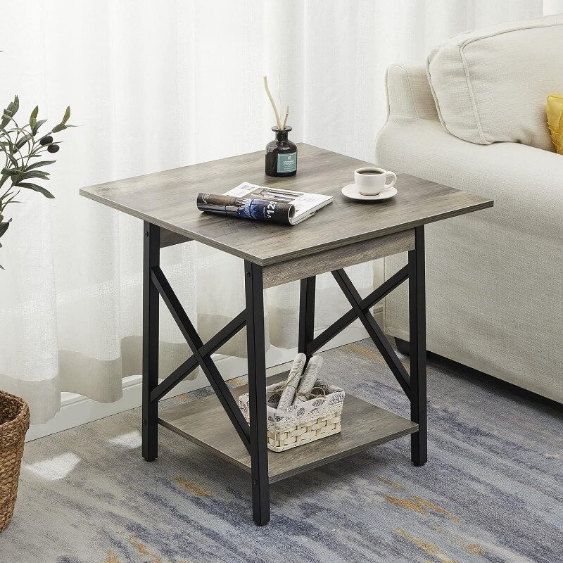 End Table 24 inch Industrial Design Large Side Table with Storage Shelf for Living Room, Easy Assembly