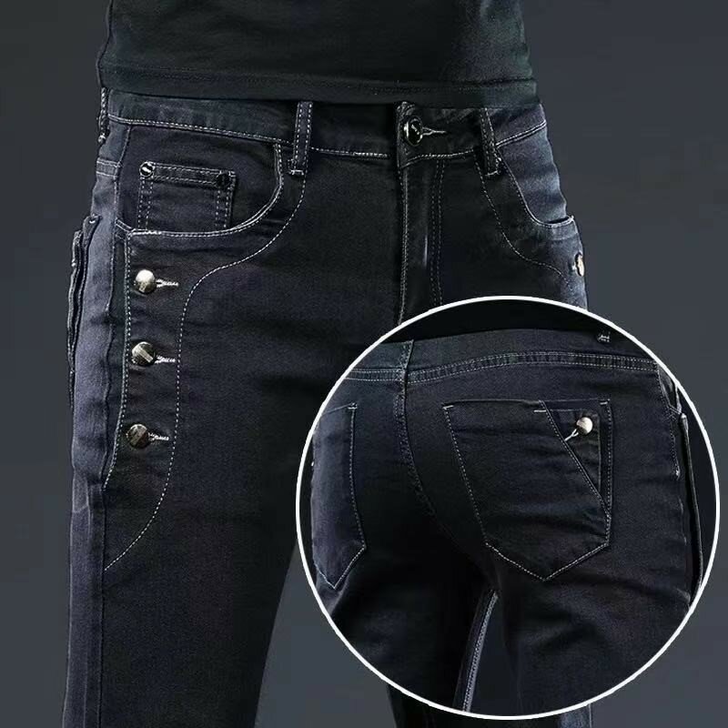 Empat musim celana Jeans Denim pria desain hitam celana pria katun ketat melar celana panjang Dropship harian gaya klasik remaja