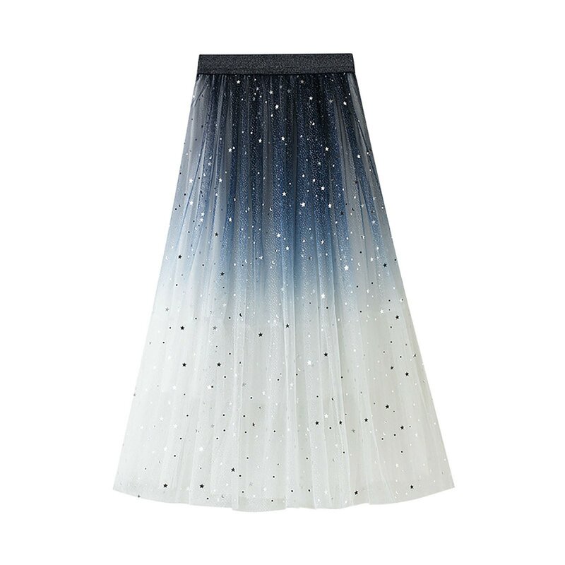 Gradient Color Long Tulle Chiffon Skirts High Waist Casual For Women Falda Larga Verano Korean Fashion Pleated Maxi Clothing
