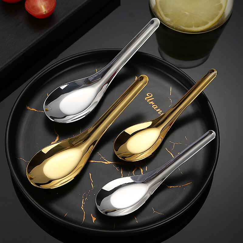 Cucchiaio da minestra di riso piatto in acciaio inossidabile per uso domestico cucchiaio da Dessert posate lucidate a specchio in oro argento utensili da cucina