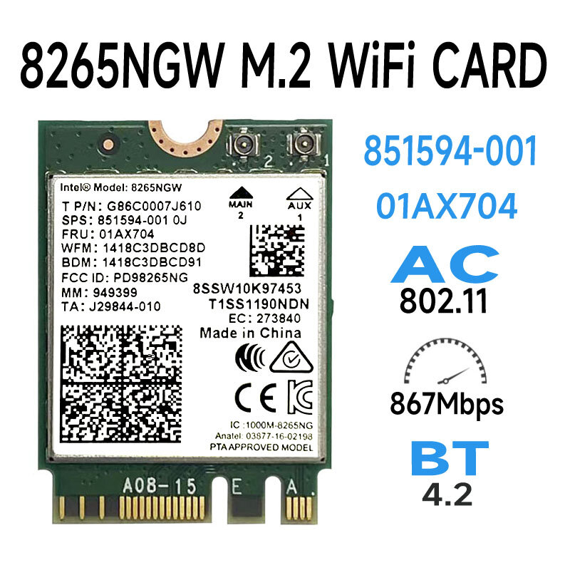 무선 AC 8265 듀얼 밴드 와이파이 블루투스 WLAN, 블루투스 4.2 카드, 8265NGW, NGFF, 802.11ac, 867Mbps, 2x2 MU-MIMO, 2.4G, 5Ghz