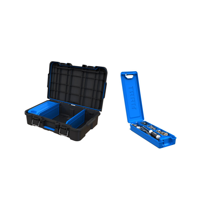 Caixa de ferramentas com pequeno organizador azul e divisórias, sistema de armazenamento modular HART, caixa de ferramentas