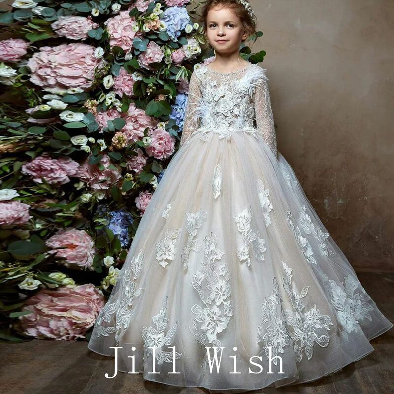Jill Wish Elegant Dubai Meisje Jurk Veren Appliques Prinses Lange Jurk Voor Kinderen Bruiloft Verjaardag Communie Feest 2024 J173