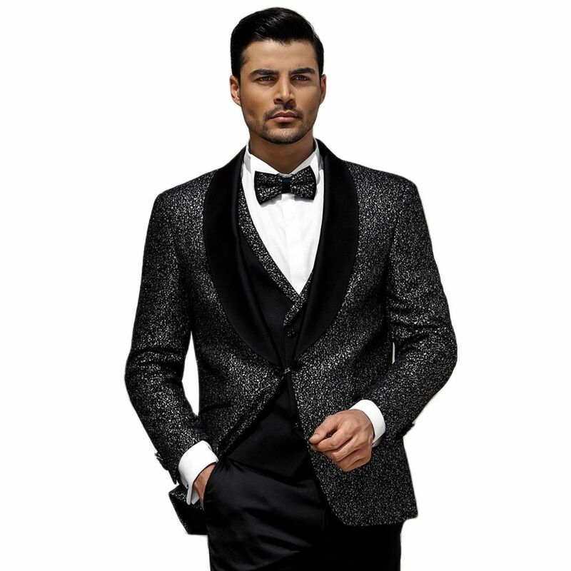 3 Piece Sets Shinny Sequin Black Men Suits Jacket Slim Fit Blazer Vest Pants Wedding Groom Tuxedo Performance Prom Party Clothes