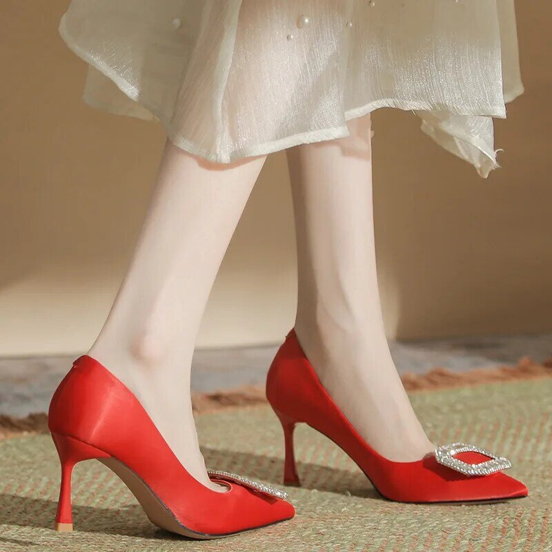 Xiuhe-zapatos de tacón alto para mujer, calzado de boda de dos prendas, color rojo, 2024
