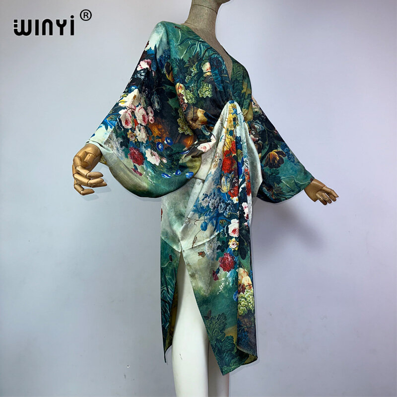 WINYI-Robe de plage bohème sexy à col en V pour femmes, haute qualité, double face, imprimé Boho, soie élégante, robe maxi, soirée, caftan